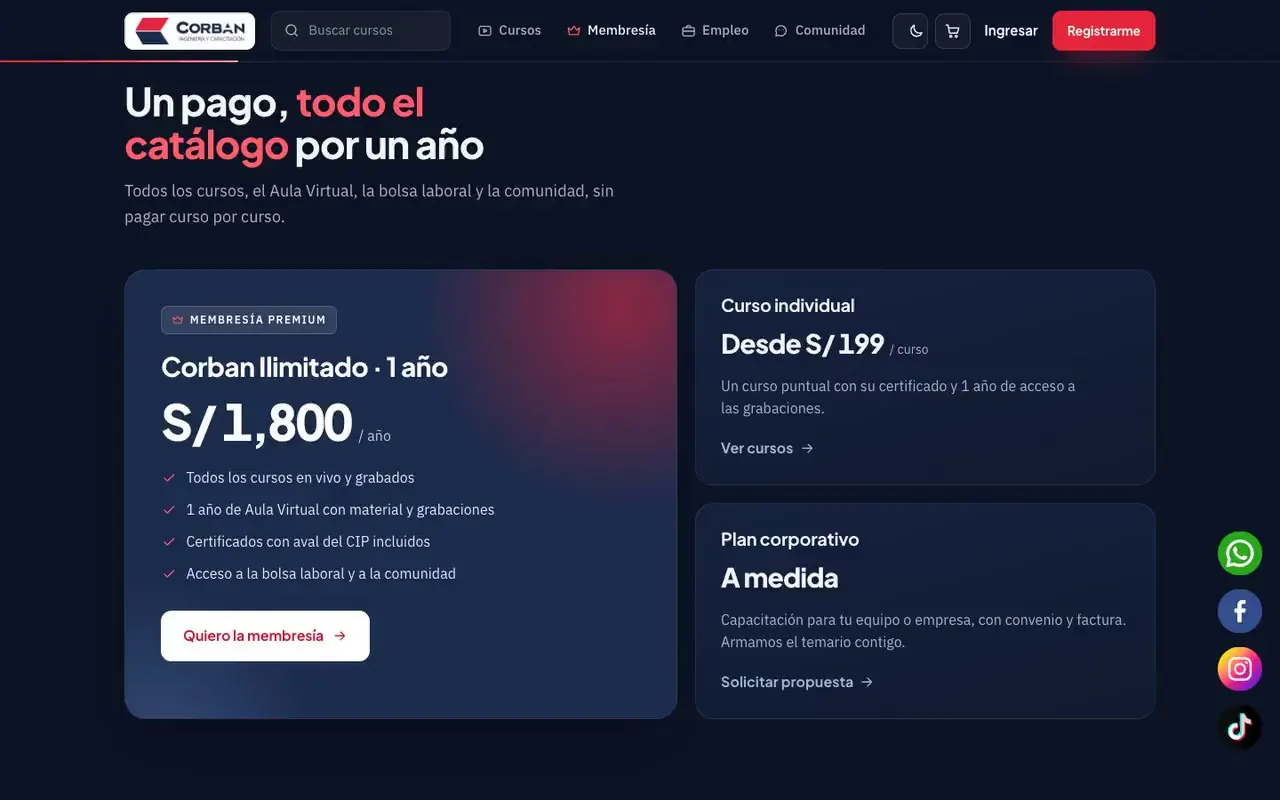 Membresía anual para acceder a todo el catálogo, comparada con el curso individual y el plan corporativo