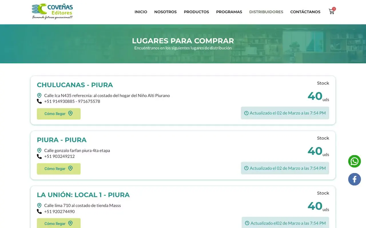 Página de puntos de venta de una editorial con dirección, teléfonos, cómo llegar y stock actualizado