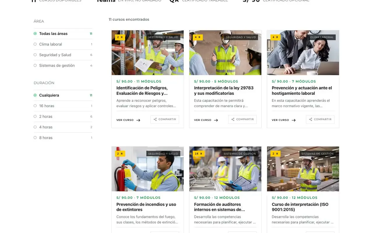 Catálogo de cursos con filtros por área y duración y tarjetas con precio en una web hecha con WordPress y WooCommerce