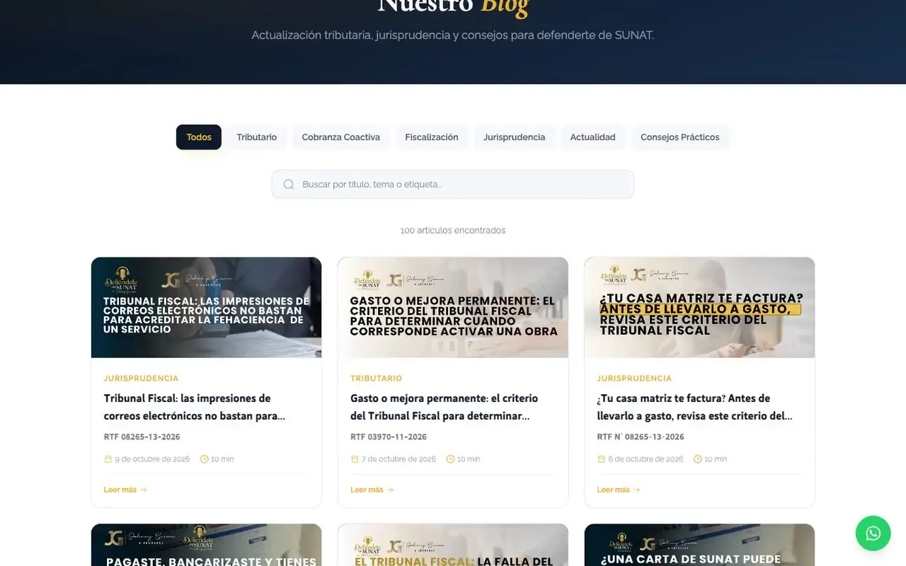 Blog de actualización tributaria con filtros por tema, buscador y artículos sobre jurisprudencia del Tribunal Fiscal
