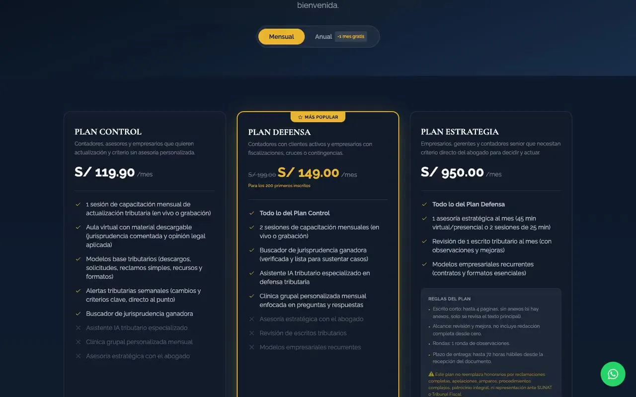 Planes de membresía comparados lado a lado con pago mensual o anual en una plataforma tributaria