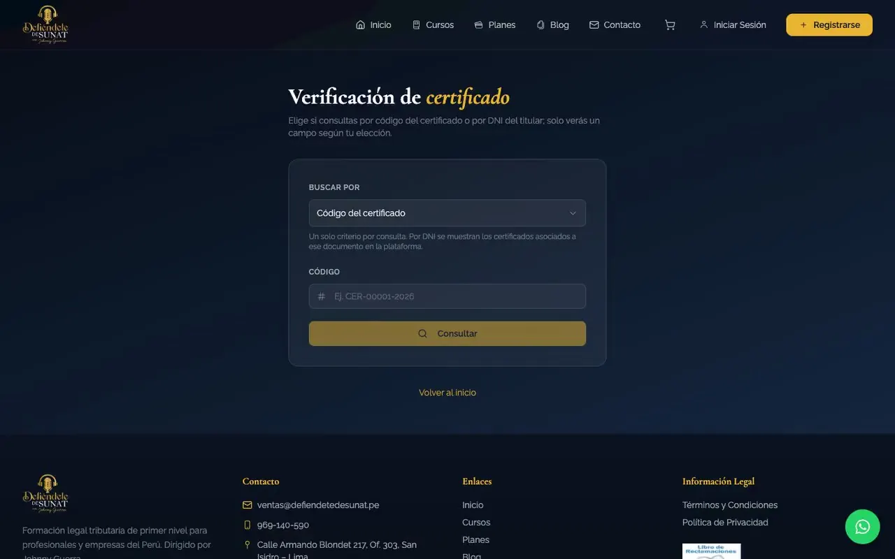 Verificación de certificado con selector para buscar por código o por DNI del titular