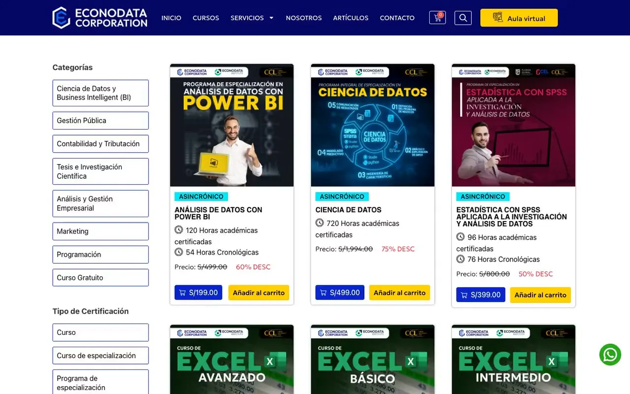 Catálogo de cursos con filtros por categoría, tipo de certificación y modalidad