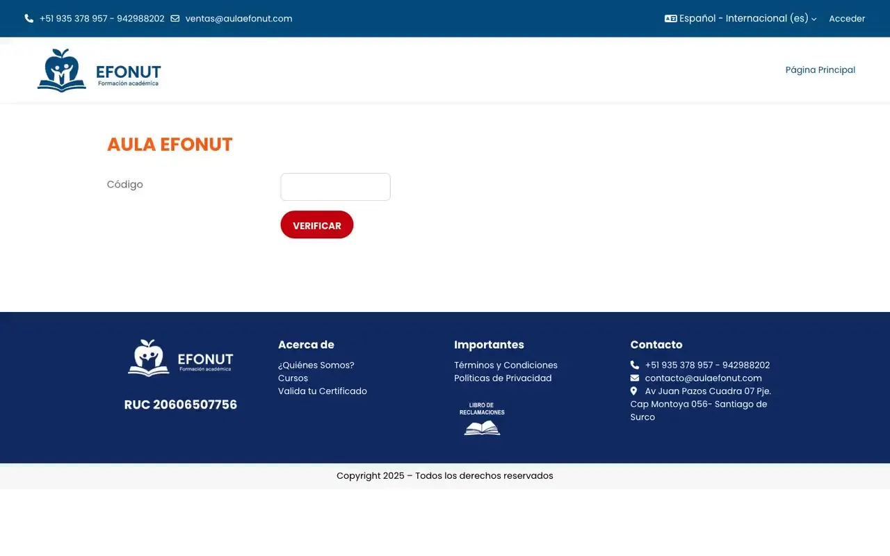 Verificación de certificados por código en el aula virtual Moodle de EFONUT