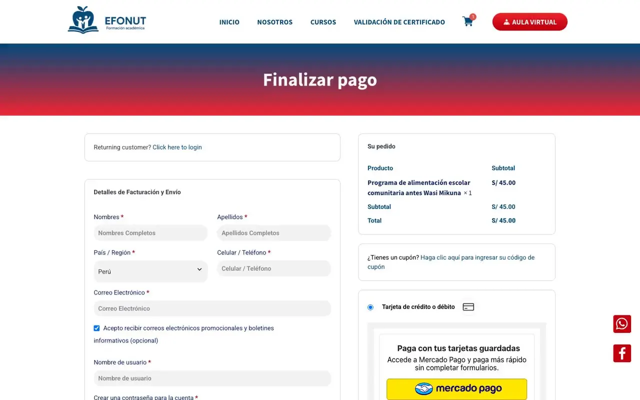 Página de finalizar pago con el botón de Mercado Pago para pagar con tarjetas guardadas