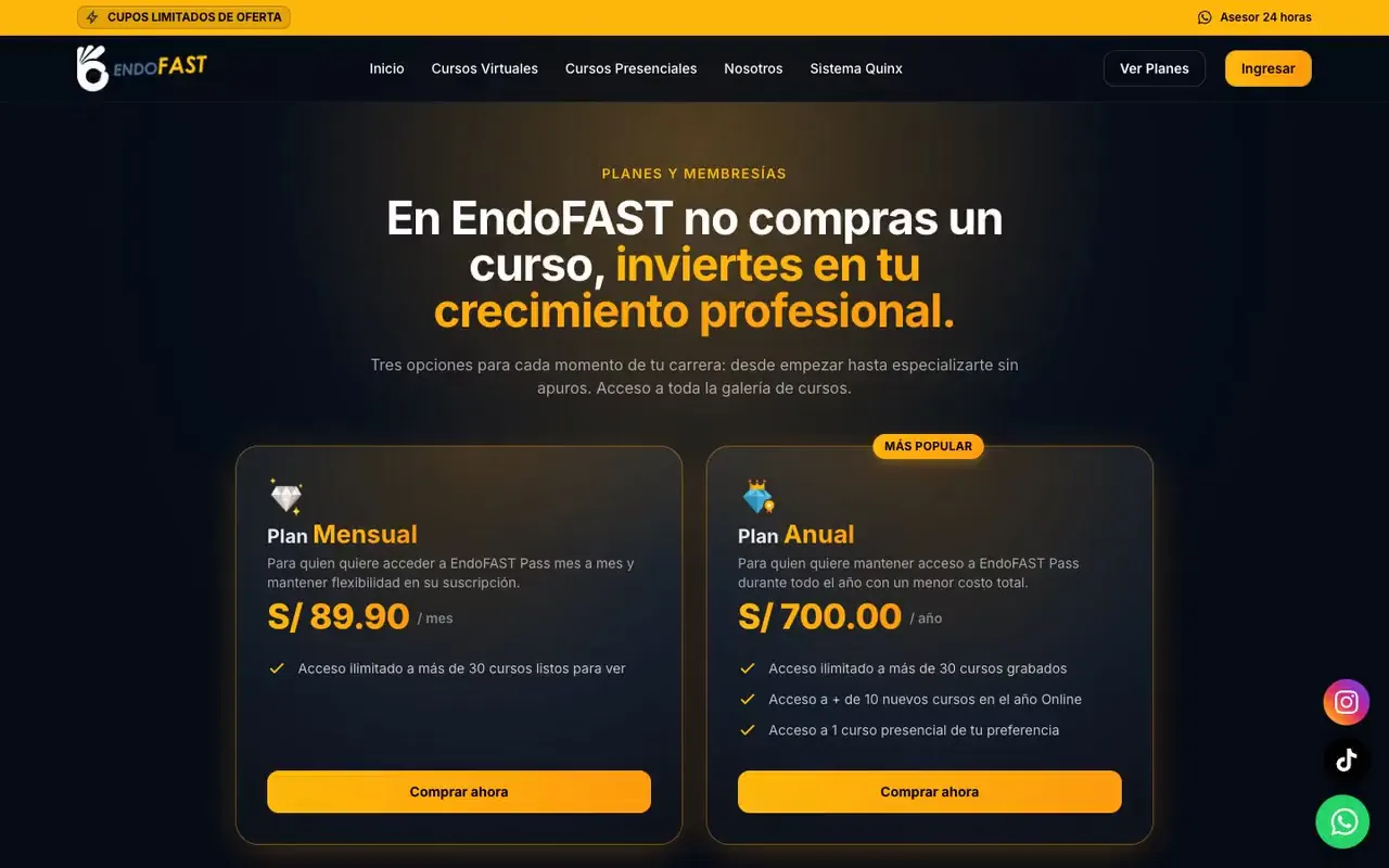 Página de planes de membresía con plan mensual y plan anual y botón de compra