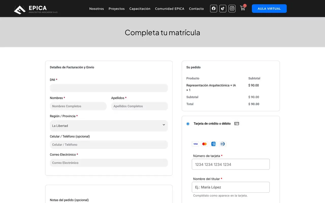 Página de matrícula con formulario de pago con tarjeta integrado en la misma página