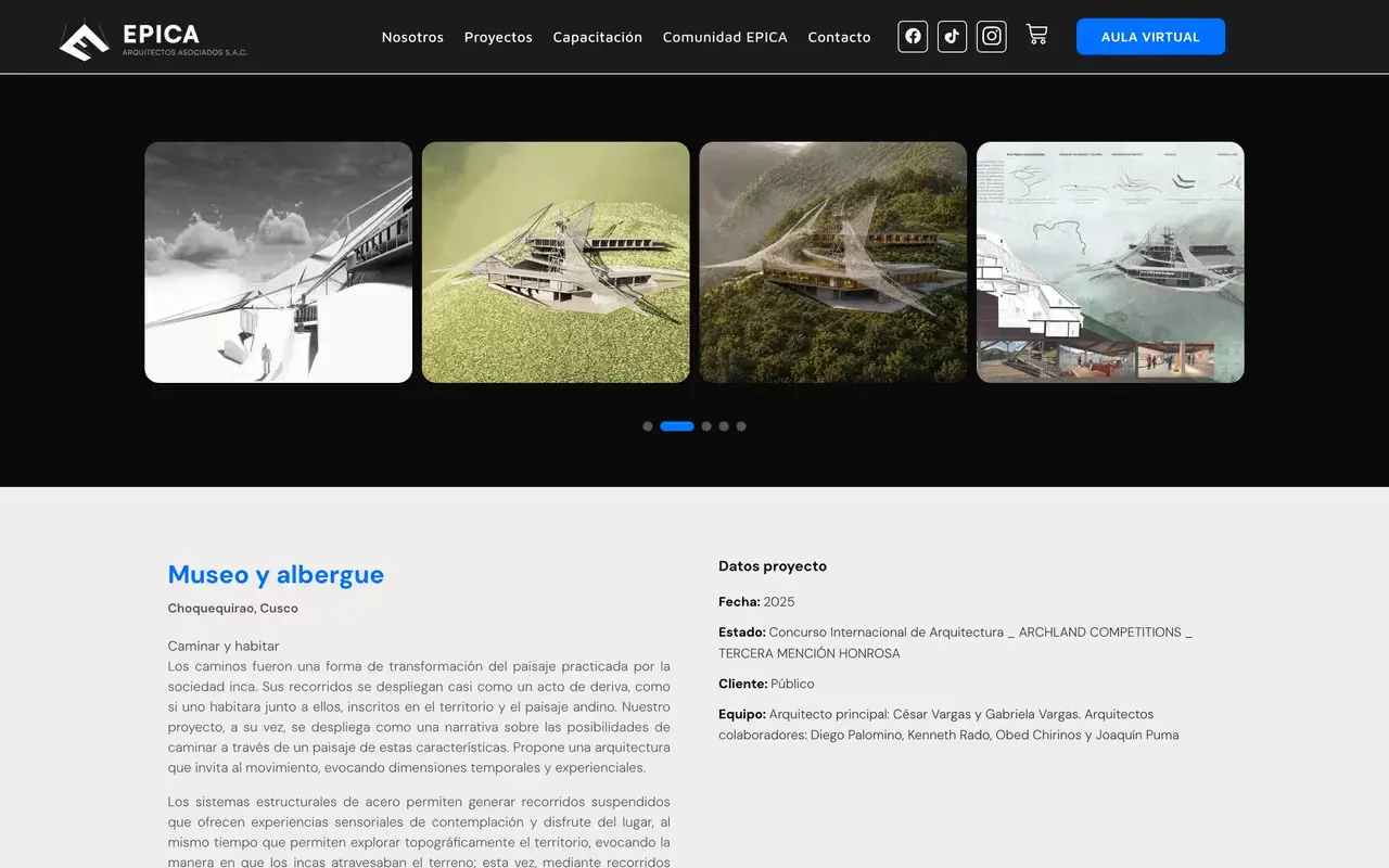 Portafolio de proyectos de arquitectura en una web, con fichas por proyecto y su ubicación