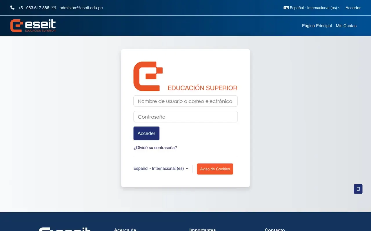 Página de ingreso al aula virtual de ESEIT con el acceso a Mis Cuotas en el menú superior