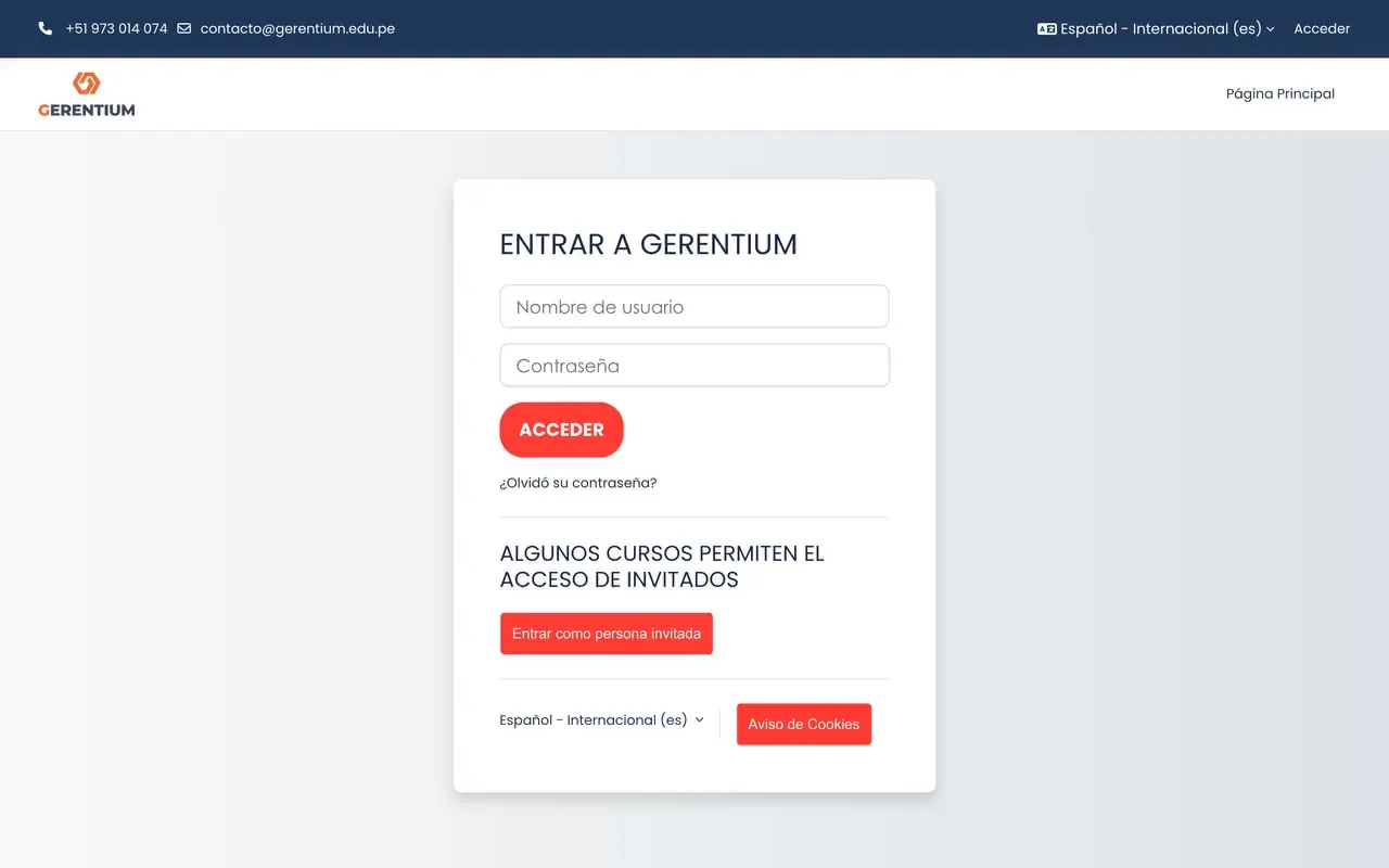 Página de ingreso al aula Moodle de una escuela de negocios, con su logo y acceso para invitados