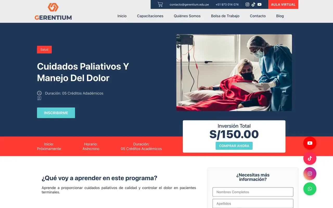 Ficha de un curso de salud con precio, botón para inscribirse y formulario de información