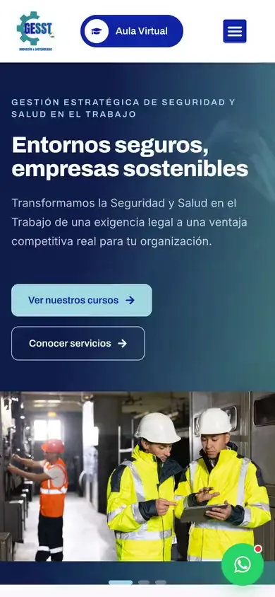 Vista en celular de la web de una consultora de seguridad, con titular, botones de cursos y servicios y foto de trabajadores