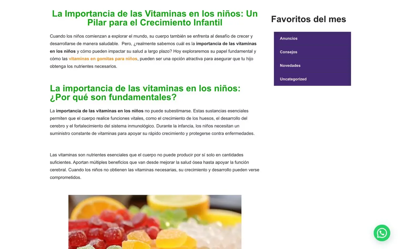 Blog de nutrición infantil con artículos organizados en categorías en la web de una marca de vitaminas