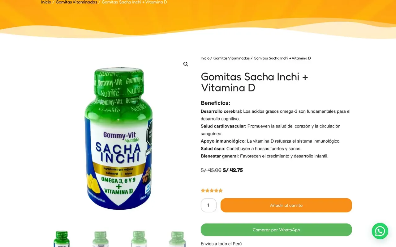 Ficha de un producto con precio de oferta y botón de compra por WhatsApp