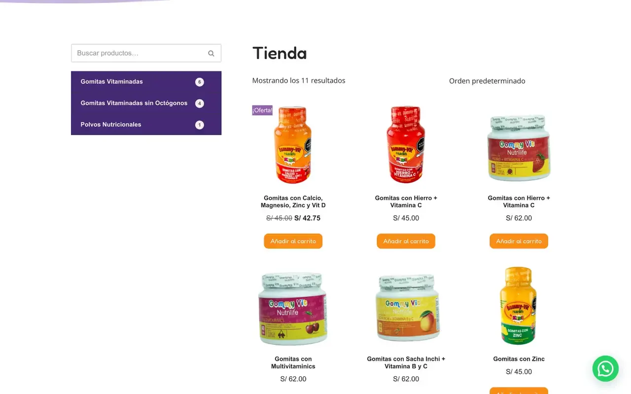 Tienda virtual de una marca con categorías, precios y botones para añadir al carrito