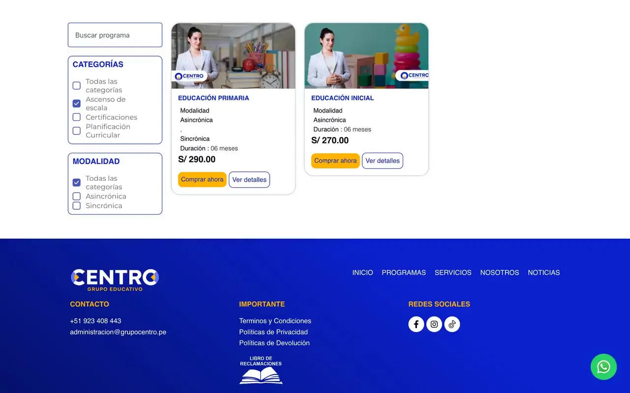Catálogo de cursos para docentes con filtros por categoría y modalidad