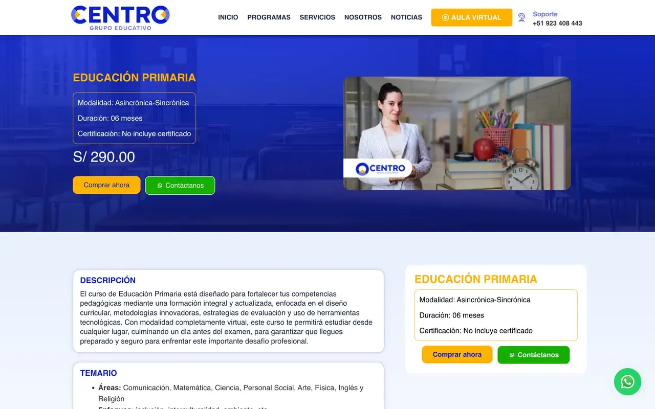 Ficha de un curso para docentes con modalidad, duración, certificación, temario y botón de compra