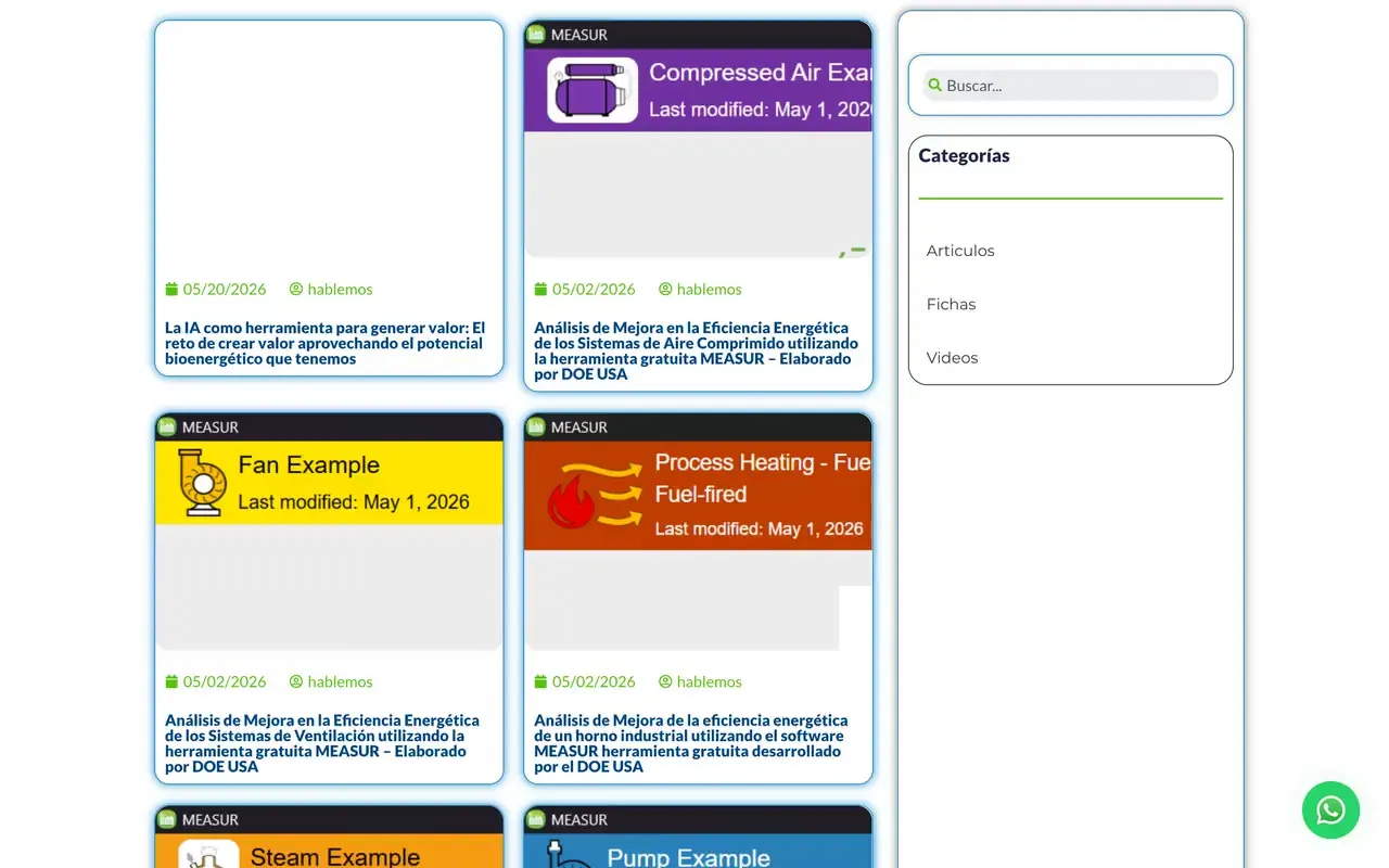 Blog técnico de una empresa de capacitación energética con artículos de análisis y buscador