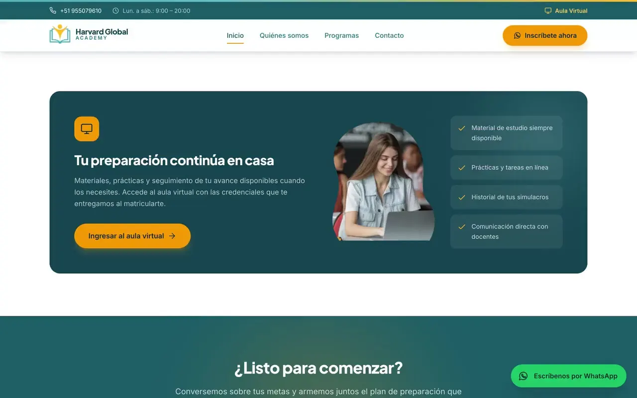 Sección de la web de una academia que explica su aula virtual: materiales, prácticas, simulacros y comunicación con docentes