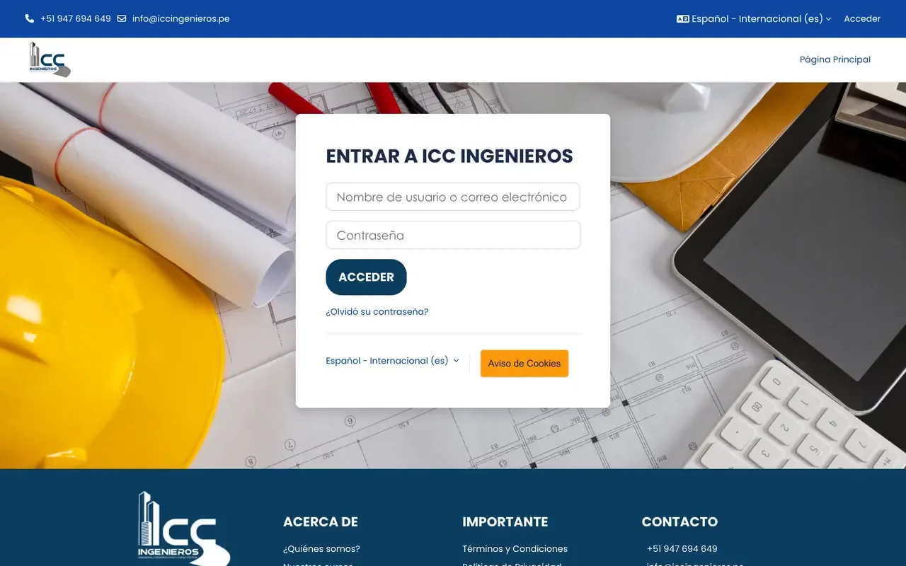 Página de ingreso al aula Moodle de una empresa de ingeniería, con su marca y un fondo de obra