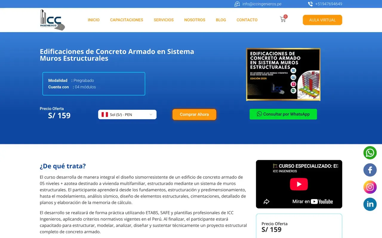 Ficha de un curso con temario, información práctica y recuadro de compra