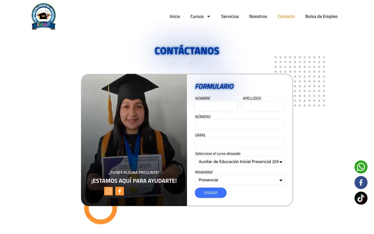 Formulario de contacto de INAF con nombre, apellidos, número, correo, curso deseado y modalidad