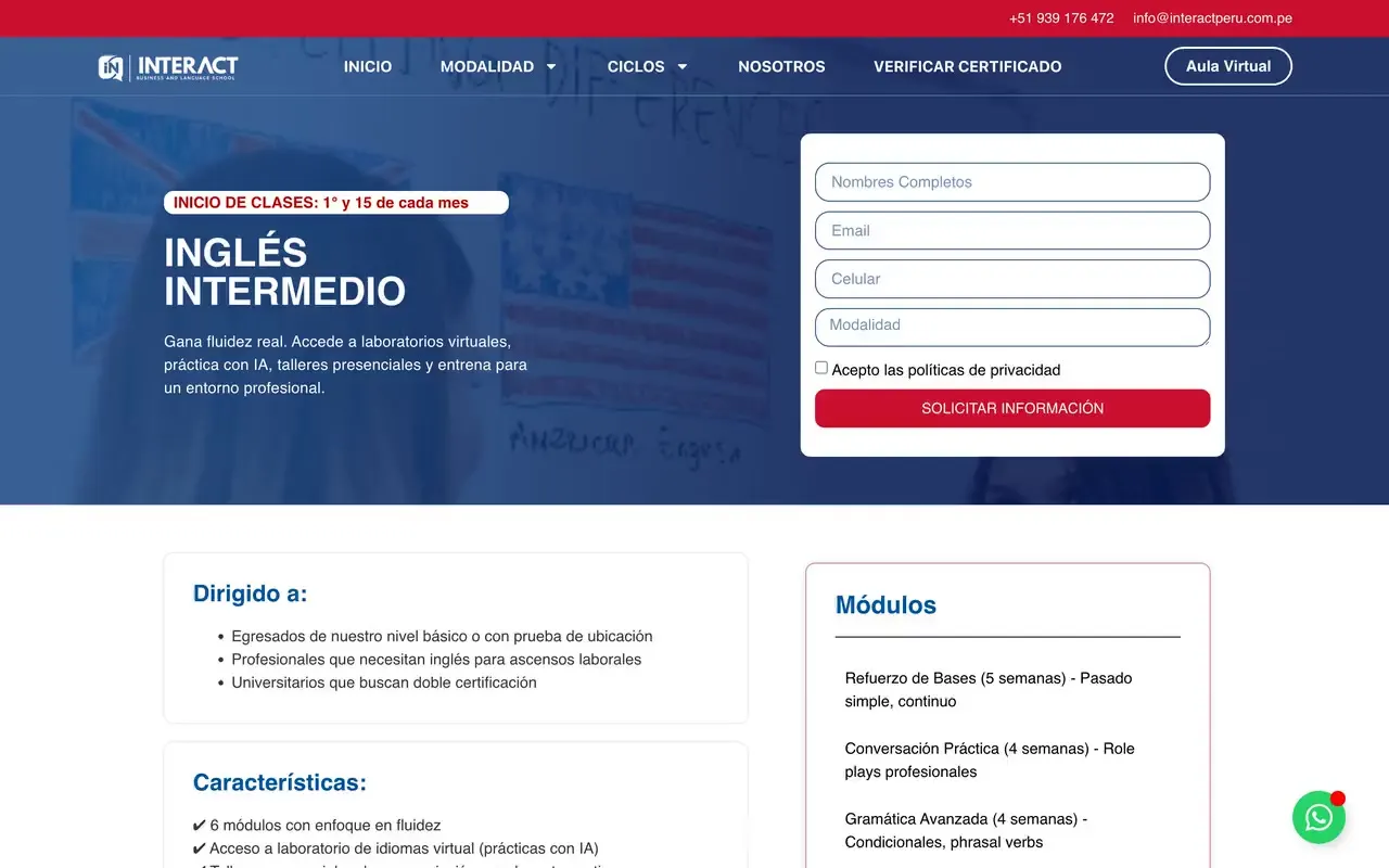 Página de ciclos de inglés por nivel con público objetivo y botón de matrícula