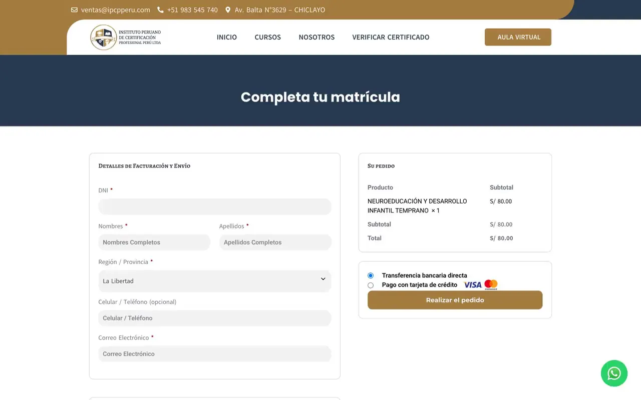 Página de matrícula con datos del alumno, resumen del pedido y medios de pago