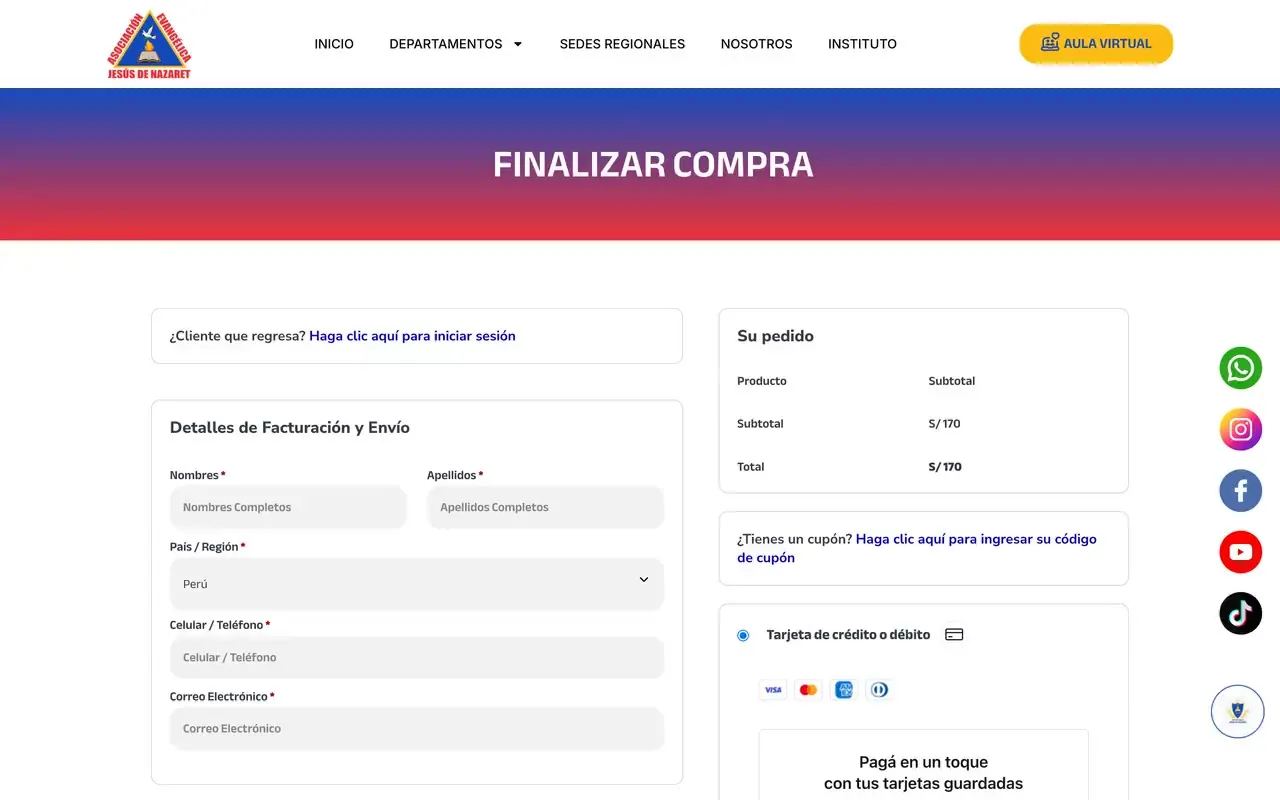 Página de pago de la matrícula con los datos del alumno, el pedido y el pago con tarjeta en un toque