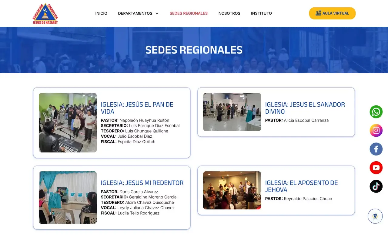 Página de sedes y anexos de una asociación con su ubicación y datos de contacto