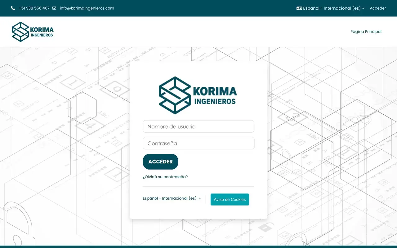 Página de ingreso al aula virtual Moodle de una empresa de ingeniería, con su logo sobre un fondo de planos