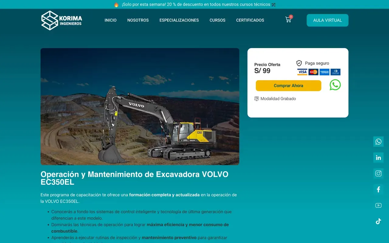 Ficha de un curso de operación de maquinaria con precio, botón de compra y botón de WhatsApp