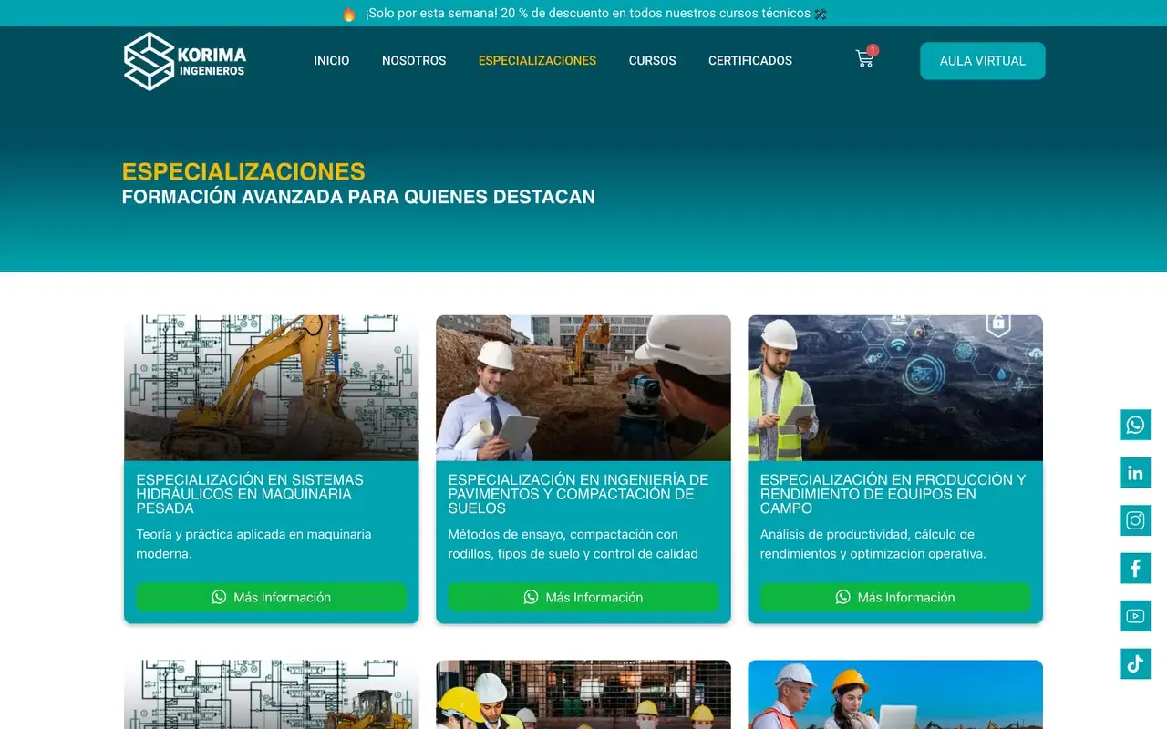 Página de especializaciones de un instituto de ingeniería con sus programas de formación avanzada