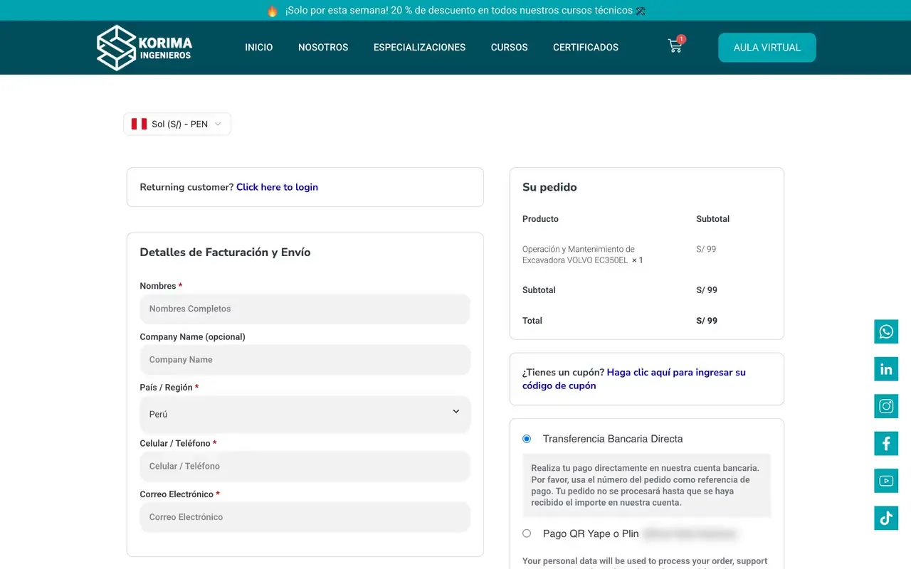 Página de pago de un curso con opciones de Yape, Plin o transferencia y comprobante adjunto