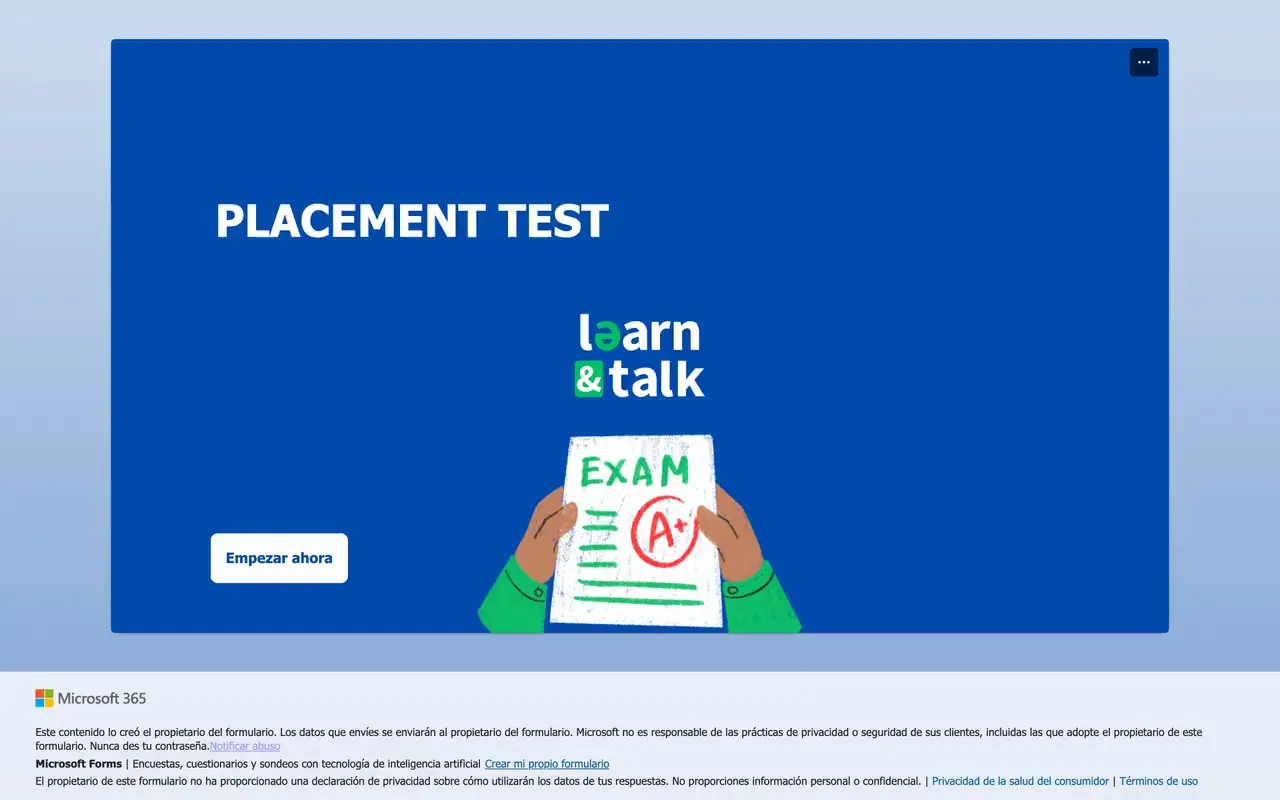 Prueba de nivel de inglés de Learn & Talk hecha con un formulario en línea, con el botón «Empezar ahora»