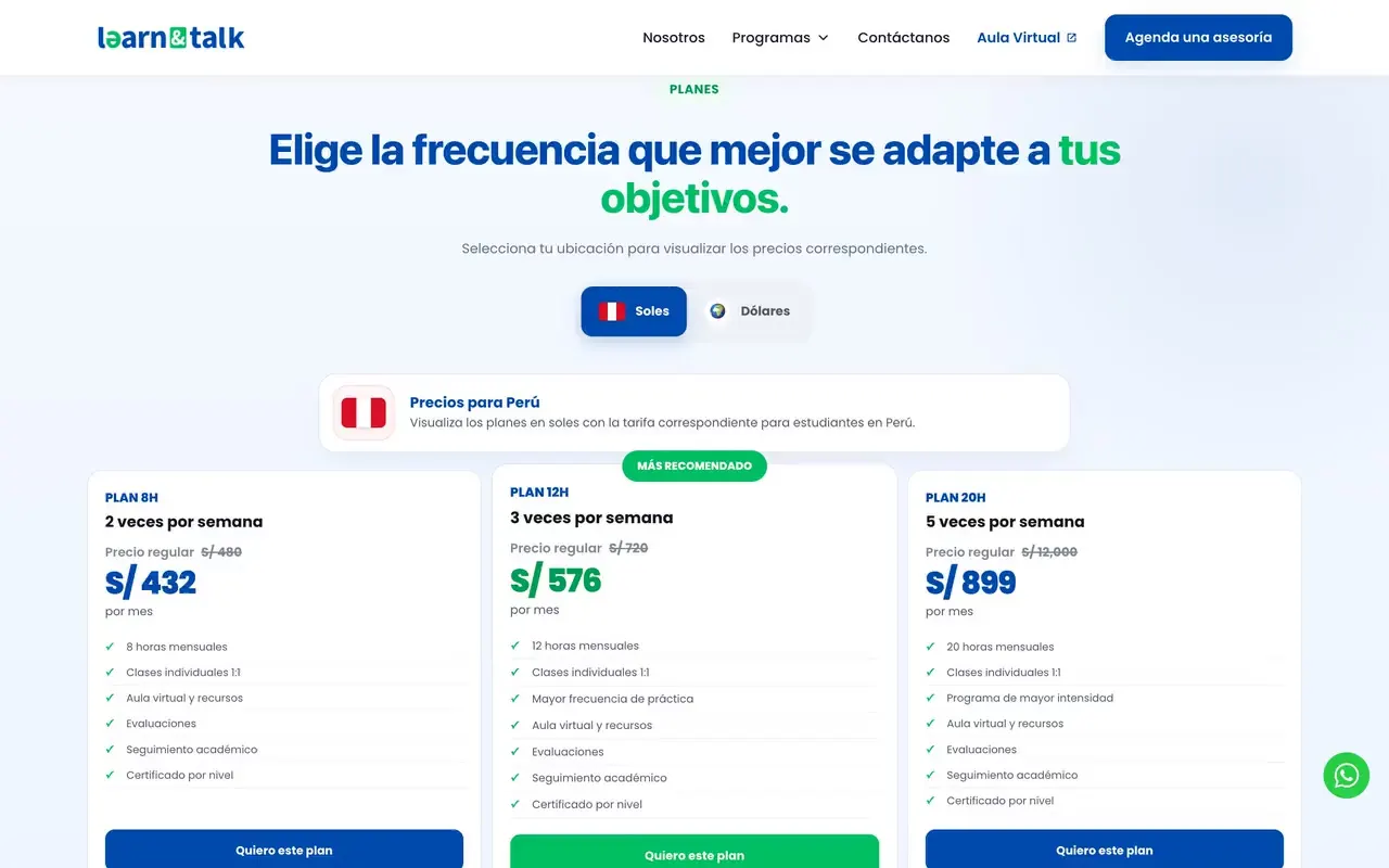 Planes de clases de inglés por frecuencia con precio, beneficios y botón de WhatsApp