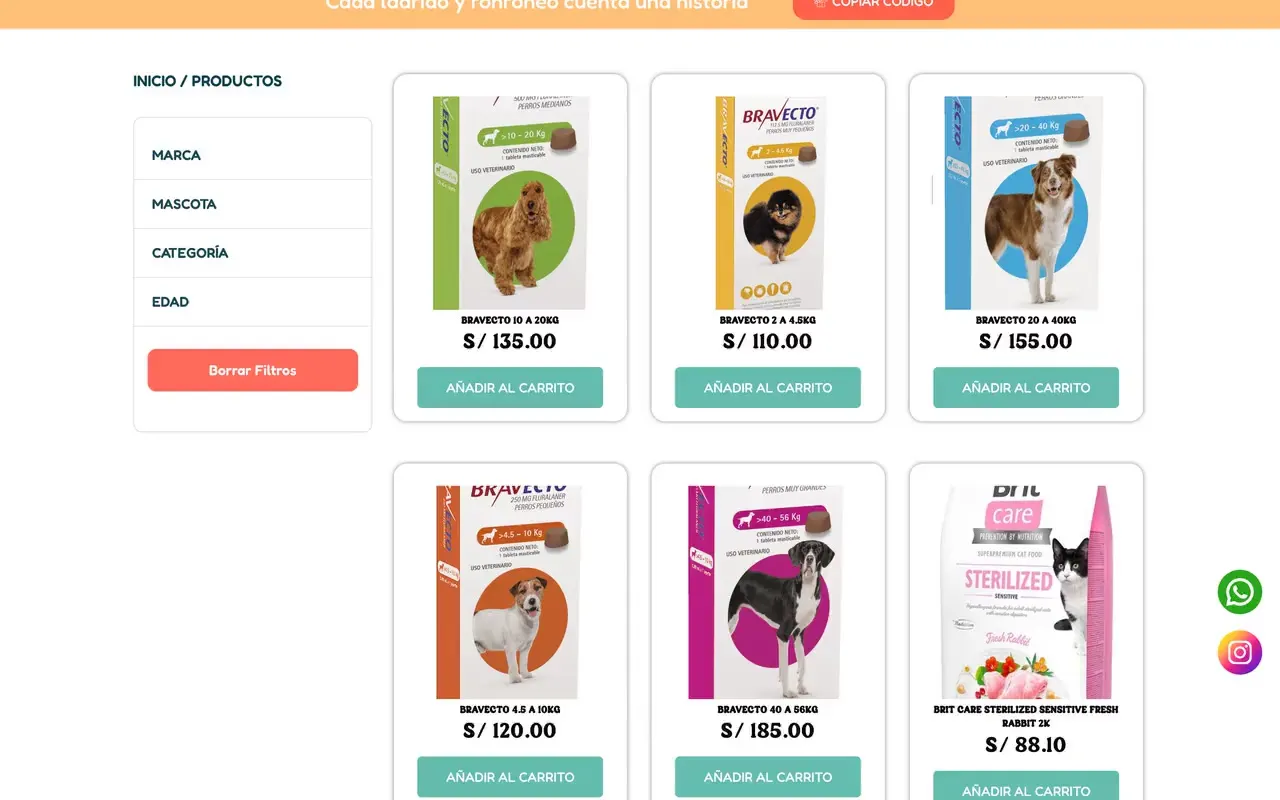 Tienda virtual para mascotas con filtros por marca, mascota, categoría y edad