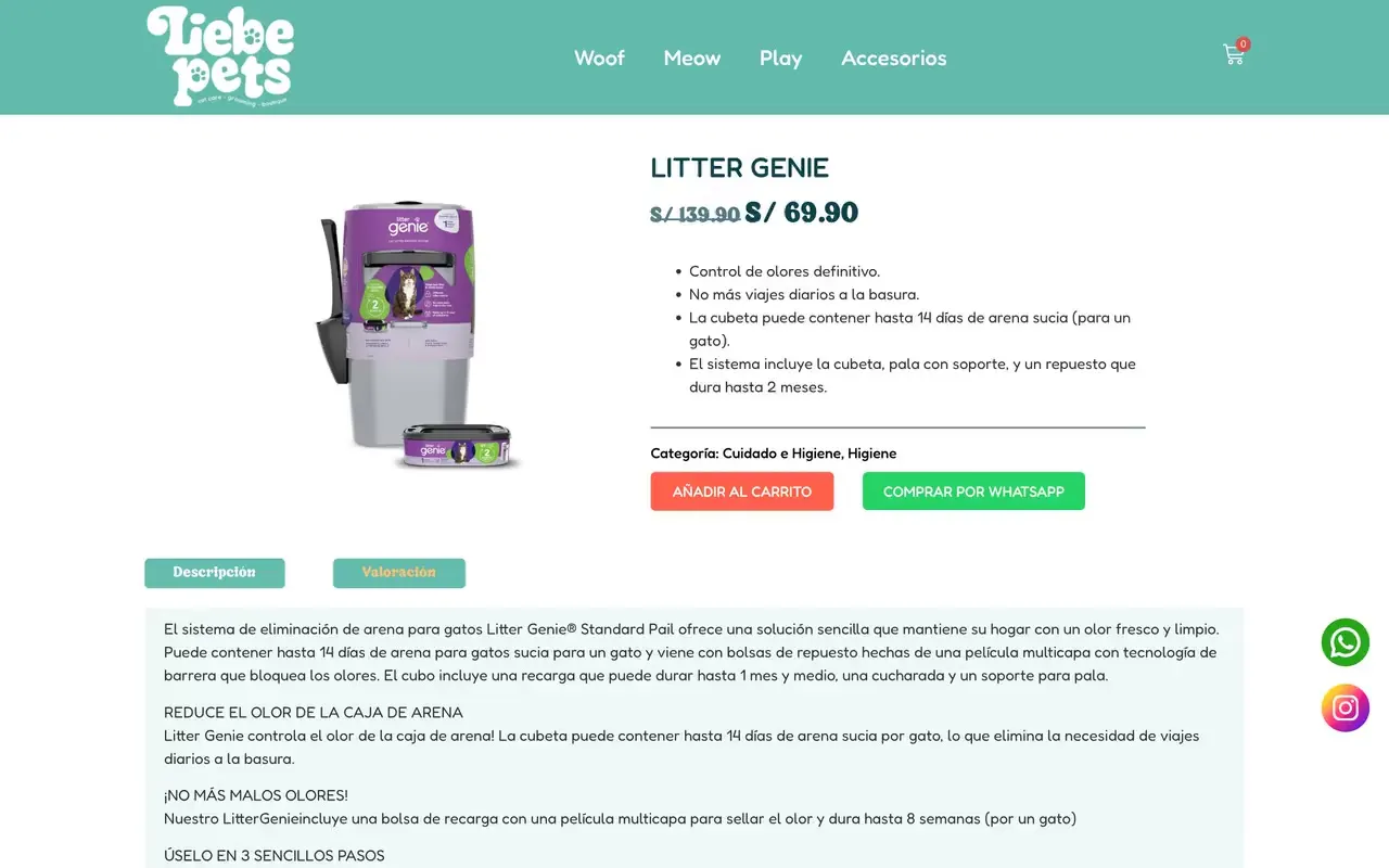 Ficha de producto de una tienda para mascotas con foto del producto sobre fondo blanco, precio y botones de compra
