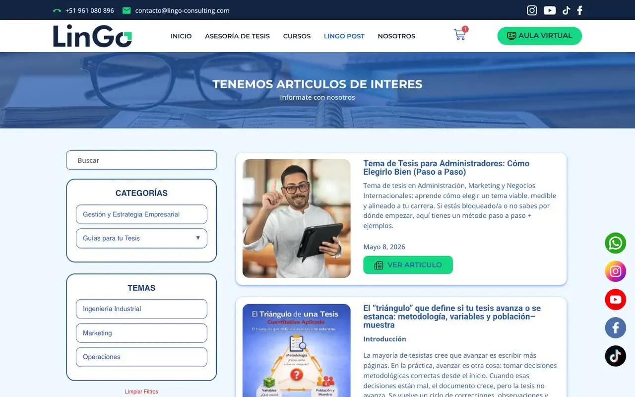 Sección de artículos de una web de asesoría de tesis con categorías, temas y buscador