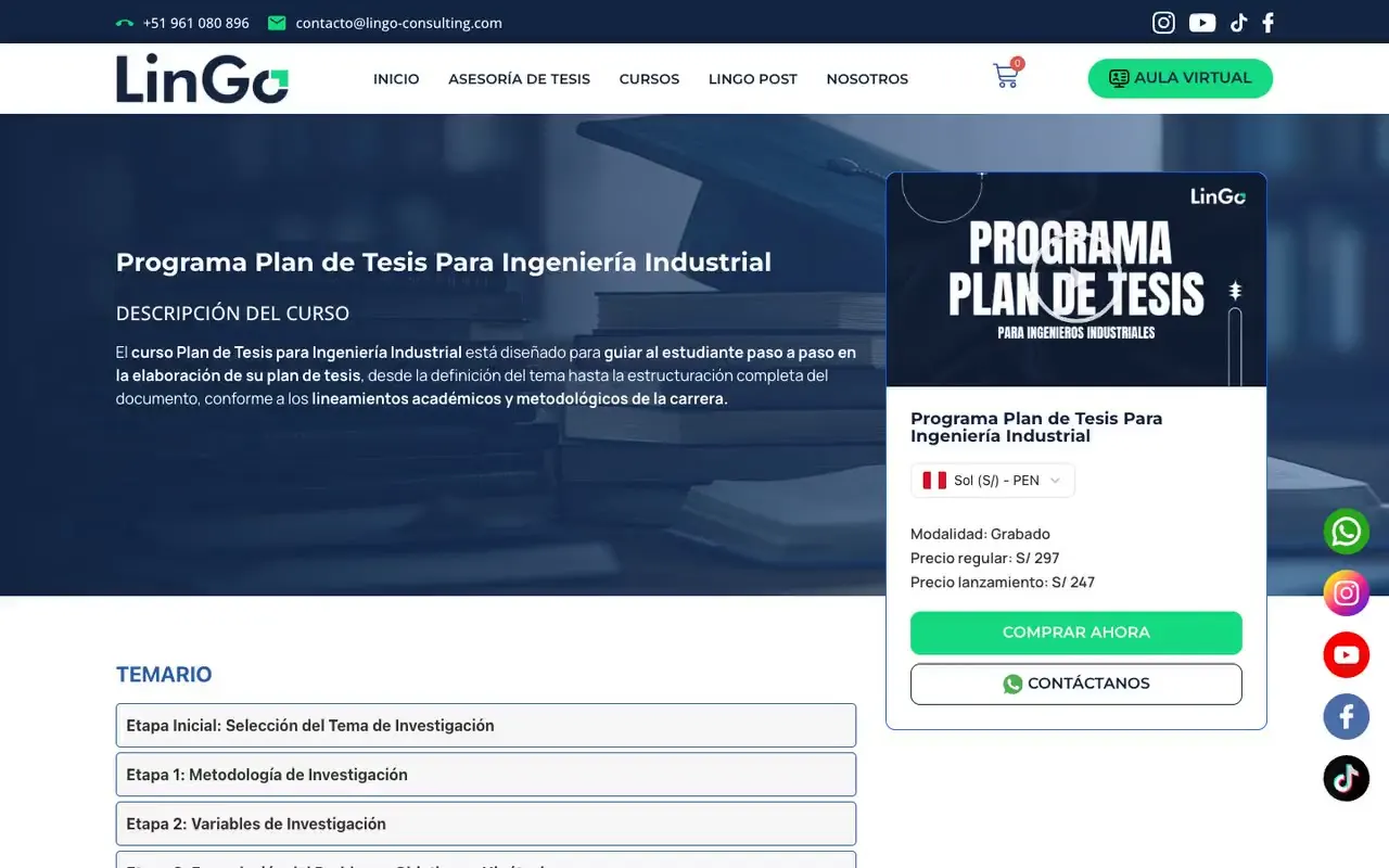 Página de un curso con el correo de contacto de la institución visible en la barra superior