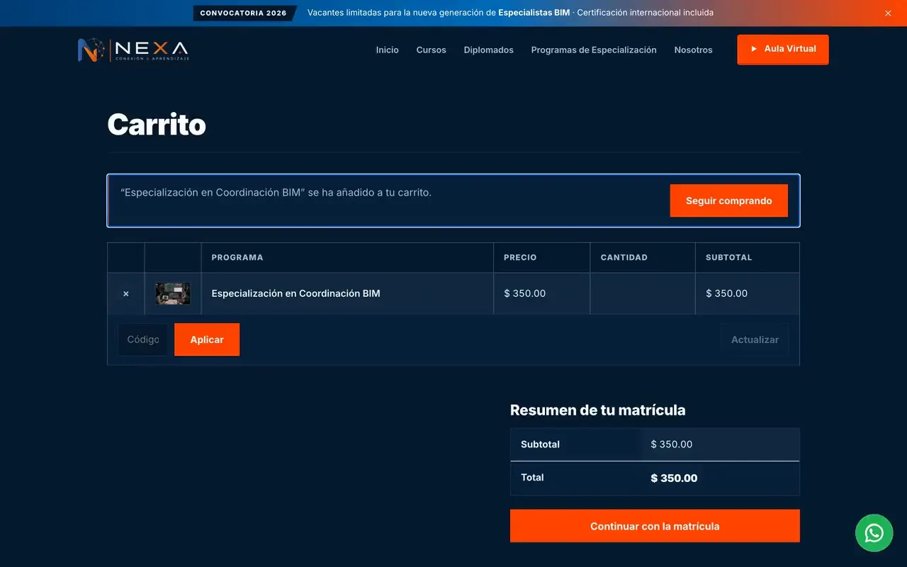 Matrícula en línea con tarjeta, Yape o transferencia y códigos de descuento en el carrito