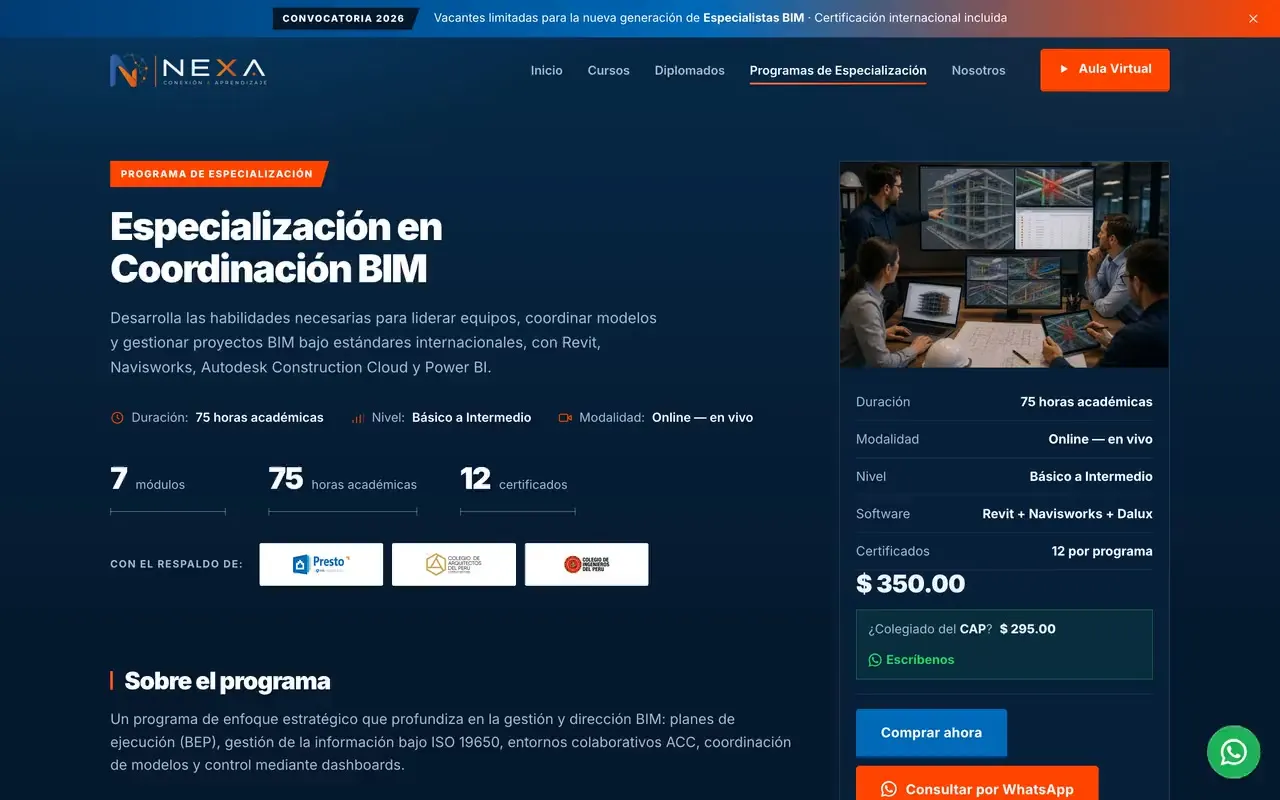 Ficha de un programa de especialización con duración, horas académicas, módulos, certificados, precio y botones de compra y WhatsApp