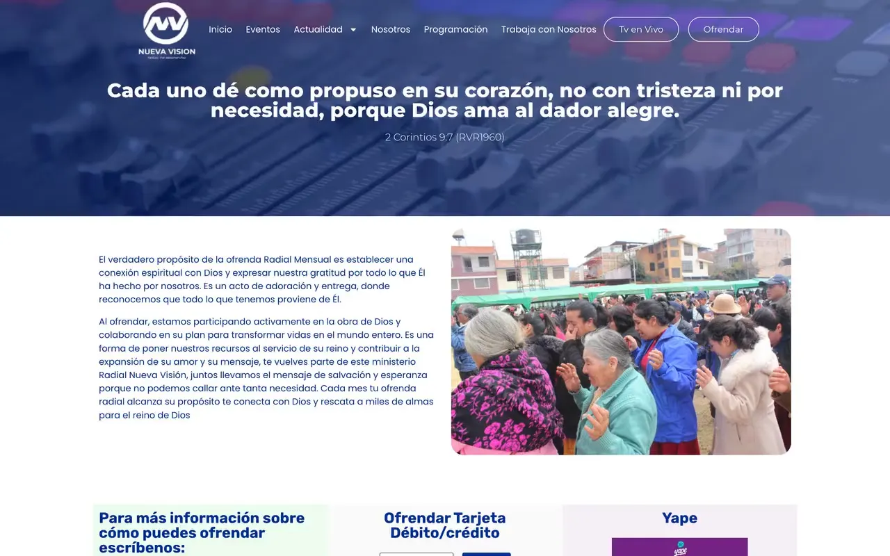Página de ofrendas con monto para pagar con tarjeta y código QR de Yape