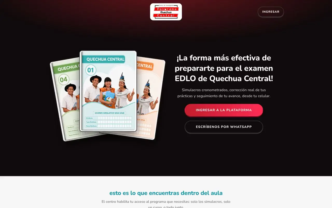 Pantalla de ingreso a una plataforma educativa privada con el botón «Ingresar a la plataforma» y acceso por WhatsApp
