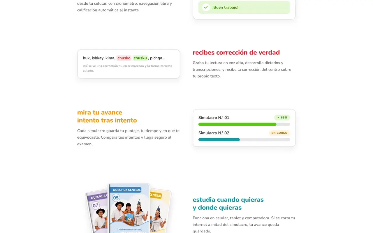 Sección de la plataforma con corrección de prácticas y avance del alumno por simulacro, con barras de porcentaje