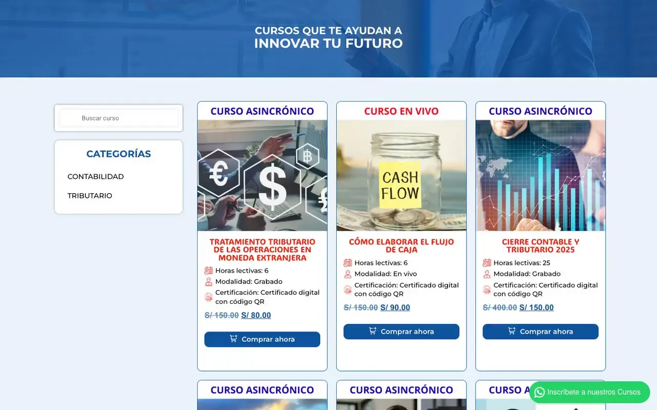 Catálogo de cursos contables con precio regular tachado y precio de oferta en cada tarjeta