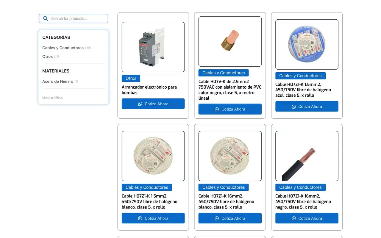 Catálogo de material eléctrico filtrado por categoría, con tarjetas de tableros y transformadores