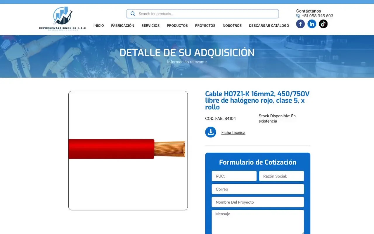 Ficha de un producto eléctrico con código de fabricante, stock, ficha técnica en PDF y formulario de cotización con RUC