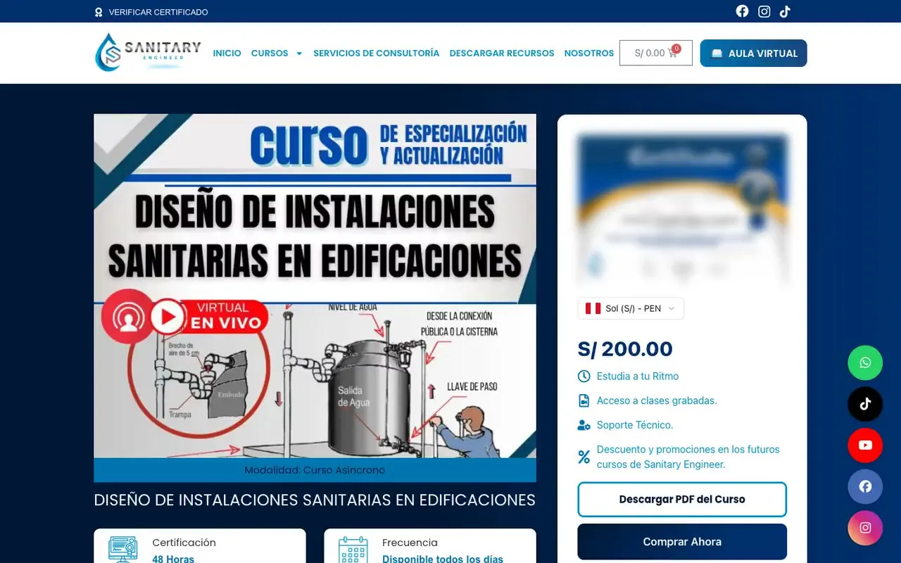 Ficha de un curso de diseño de instalaciones sanitarias con precio, modalidad, certificación y botón de compra