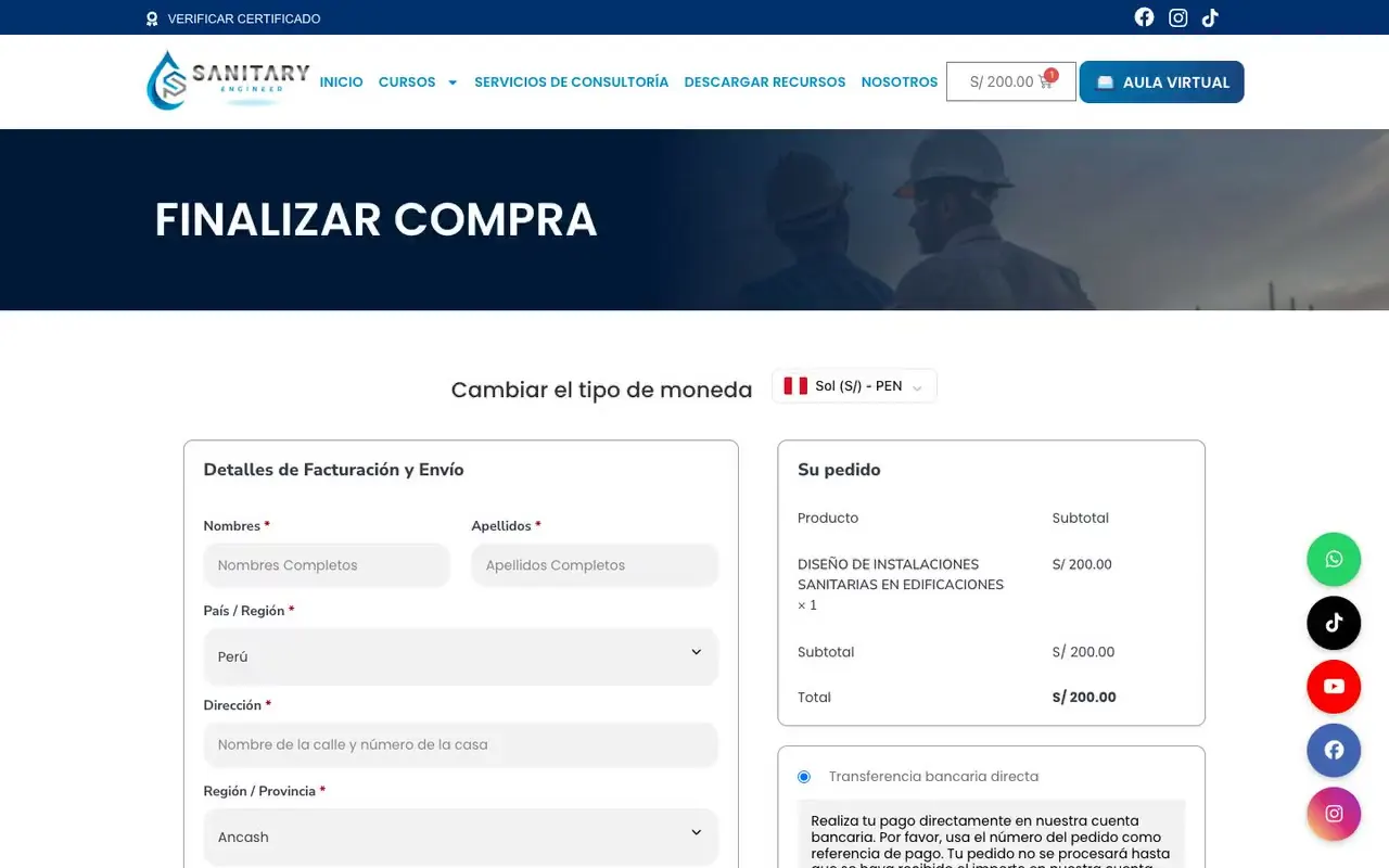 Página de finalizar compra con el selector para cambiar el tipo de moneda, los datos del alumno y el resumen del pedido